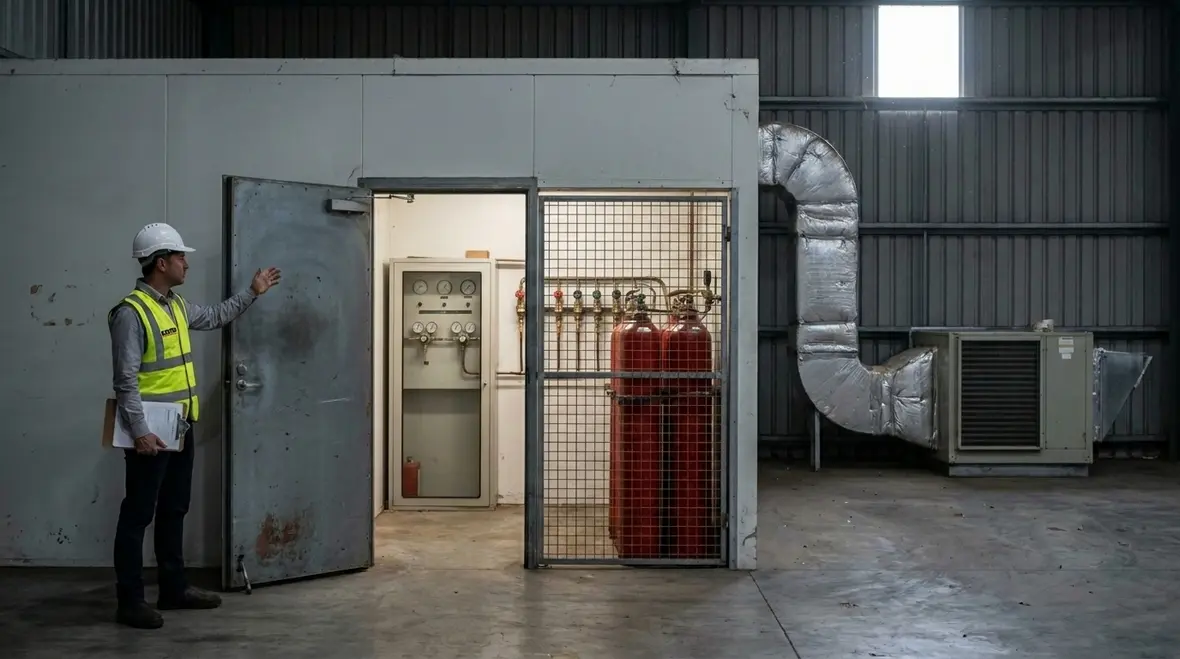 CO2 fire suppression discharge layout for industrial equipment protection