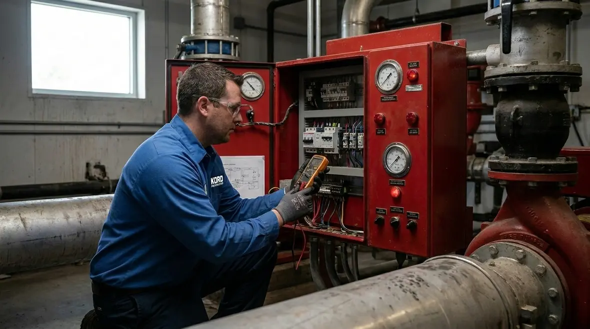 Industrial fire pump maintenance technician inspecting pump controls