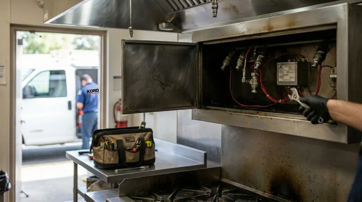 Technician inspecting kitchen fire suppression components and documentation