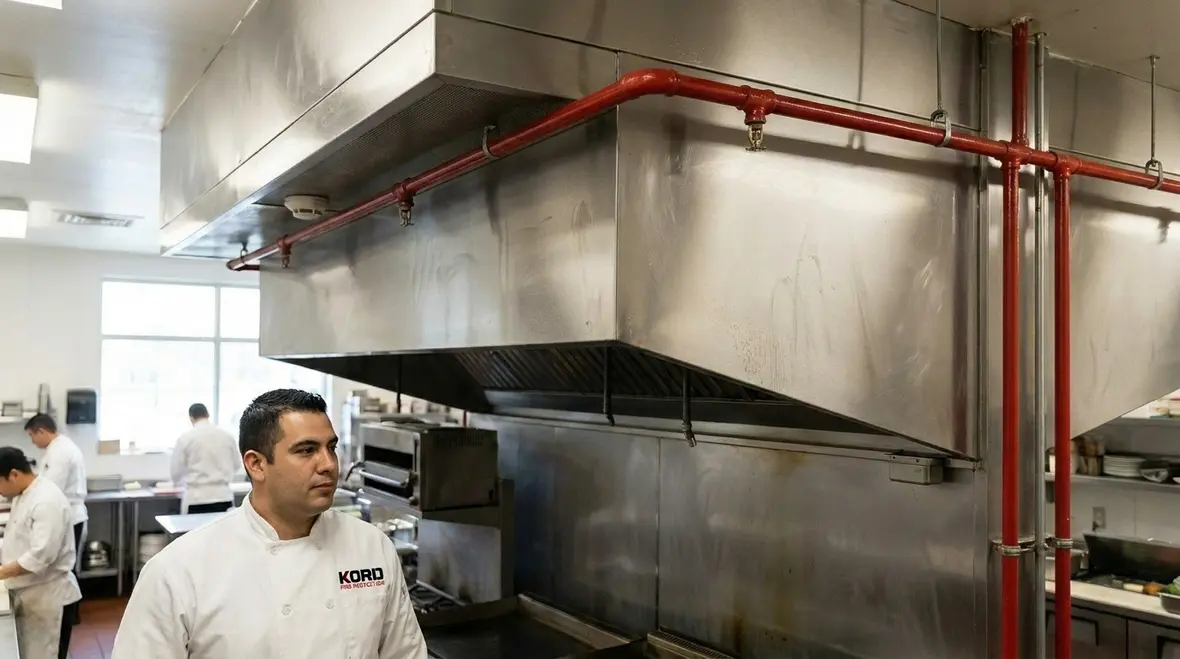 Commercial kitchen fire suppression brand system over cooking line