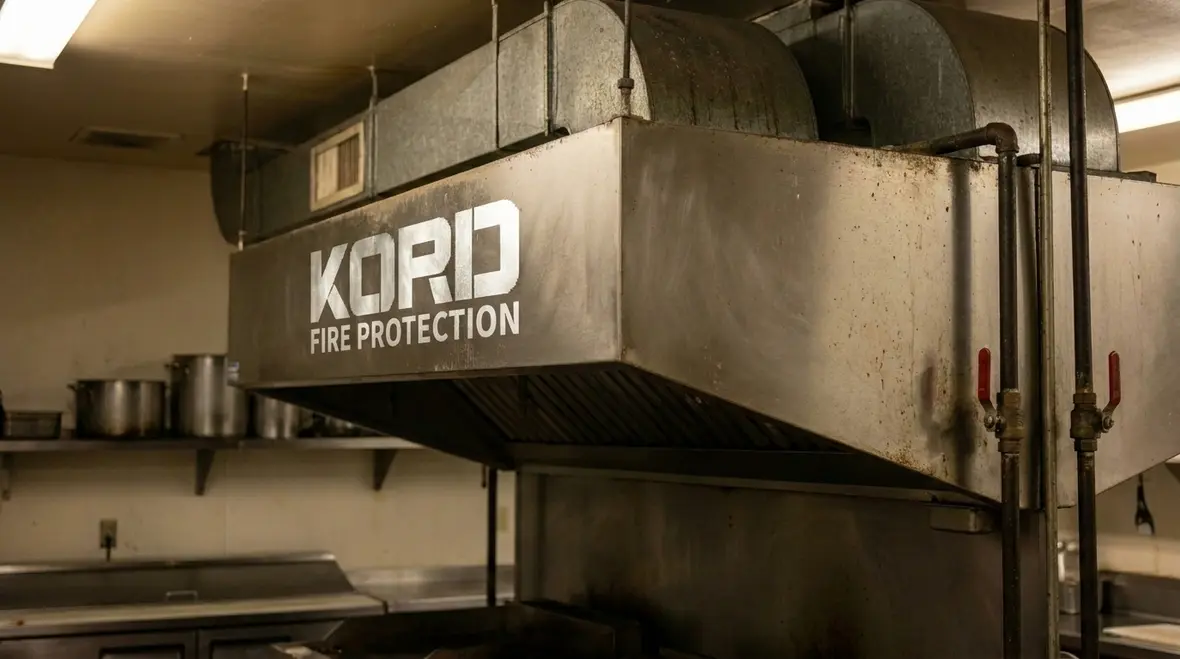 Technician checking kitchen fire suppression gas shutoff components in a commercial hood system