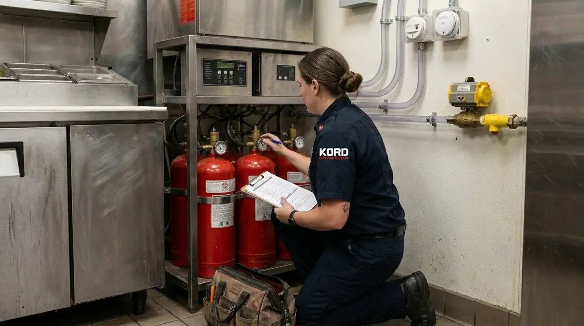 Installed kitchen fire suppression gas shutoff system in a restaurant hood line