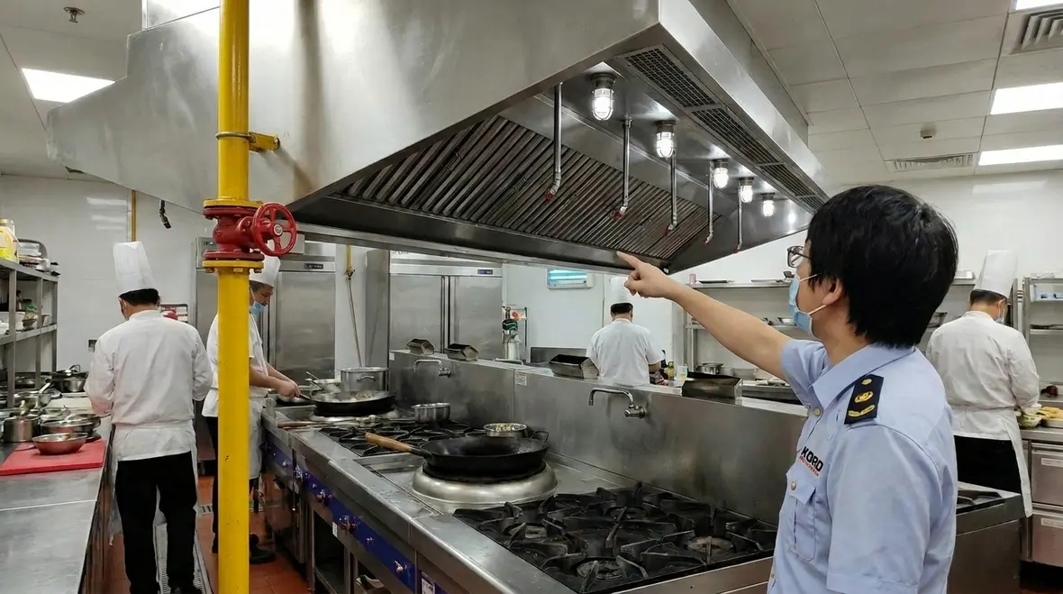 Kitchen fire suppression gas shutoff system protecting a commercial kitchen line