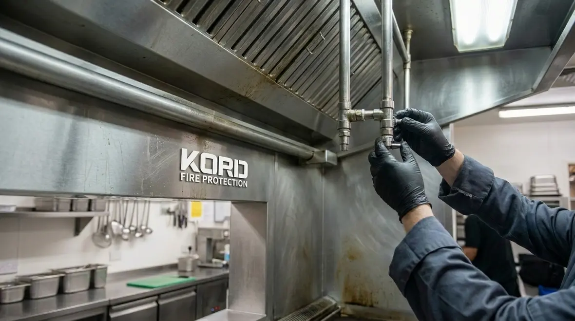 Commercial kitchen hood fire suppression nozzles and appliance coverage inspection
