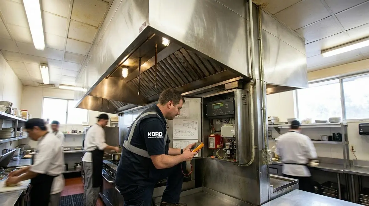 Technician inspecting kitchen fire suppression controls and hood components