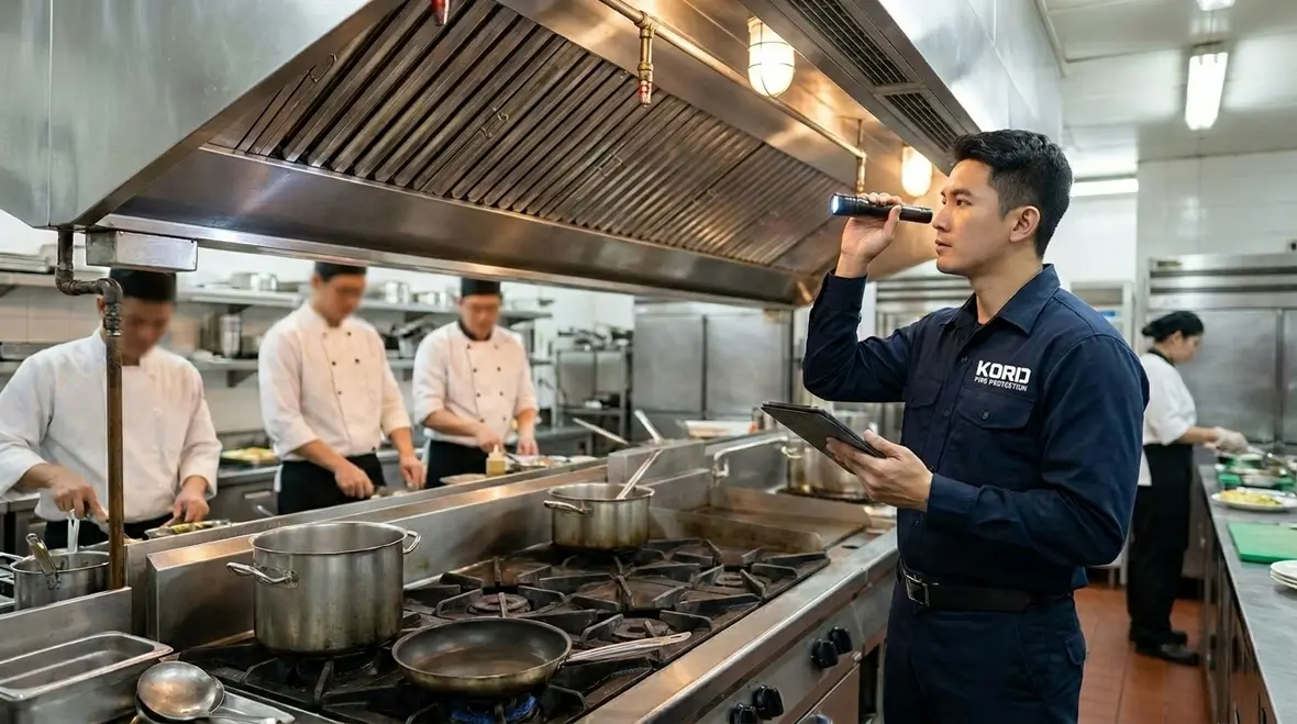 Kitchen fire suppression inspection technician checking a commercial kitchen hood system