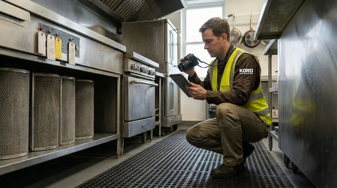 Technician inspecting a Southern California kitchen hood fire suppression system