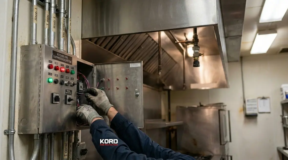 Kitchen fire suppression response sequence and shutdown controls