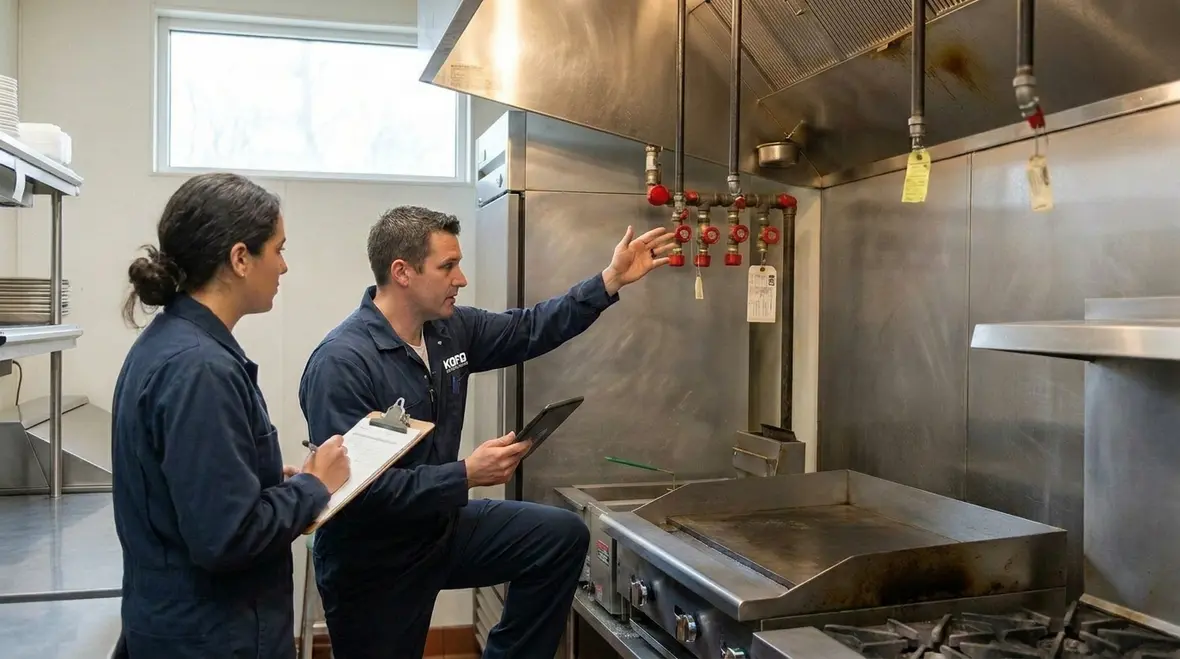 Technician inspecting commercial kitchen suppression system components