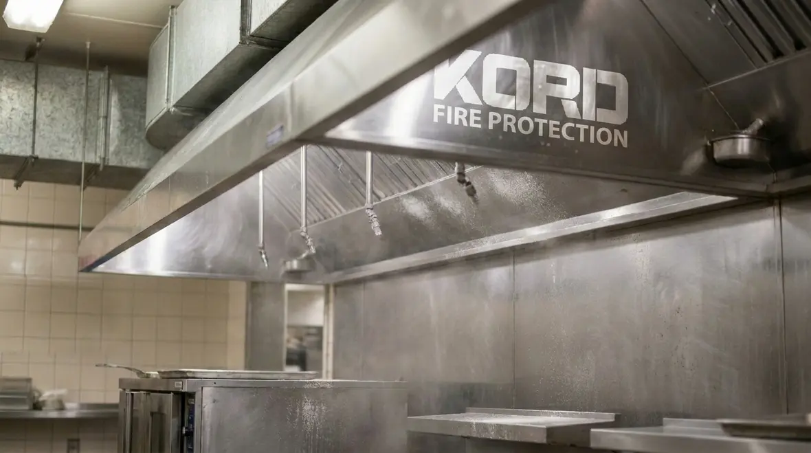 Kitchen suppression discharge residue inside a commercial hood system