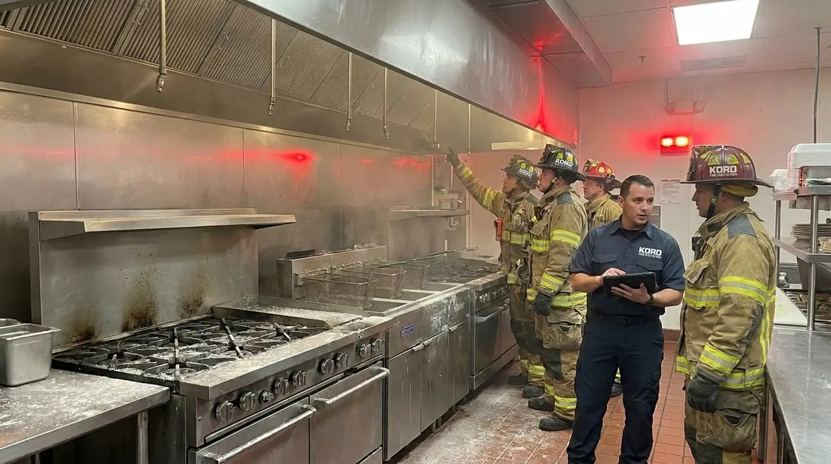 Kitchen suppression discharge aftermath in a commercial kitchen