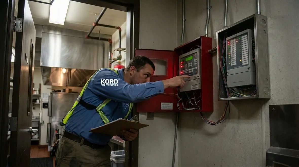 Commercial kitchen hood system with fire alarm integration points