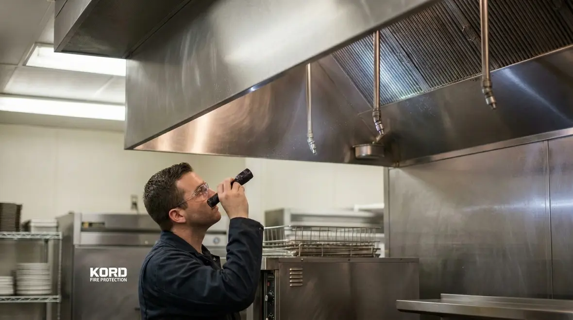 Kitchen suppression nozzle placement beneath a commercial hood