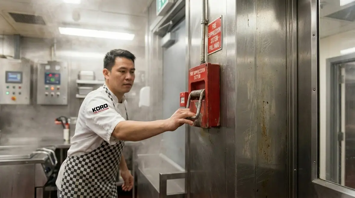 Kitchen suppression pull station mounted near a commercial kitchen doorway