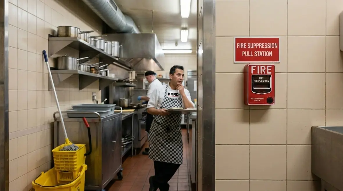 Commercial kitchen suppression pull station with clear safety signage