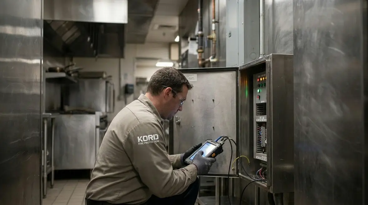Post discharge inspection of kitchen fire suppression control components