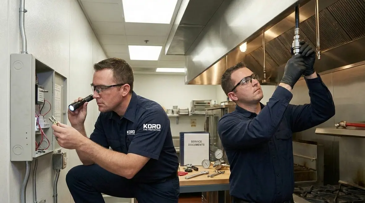 Commercial kitchen suppression piping and nozzles inspected after activation