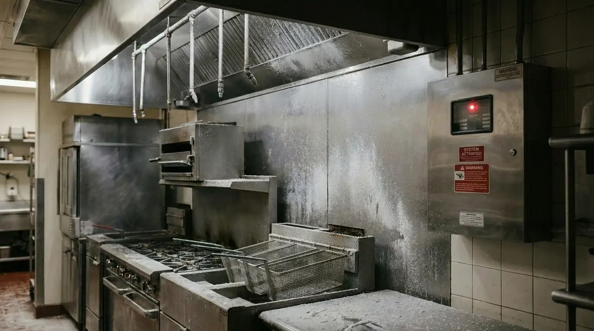Technician restoring a kitchen fire suppression system after discharge