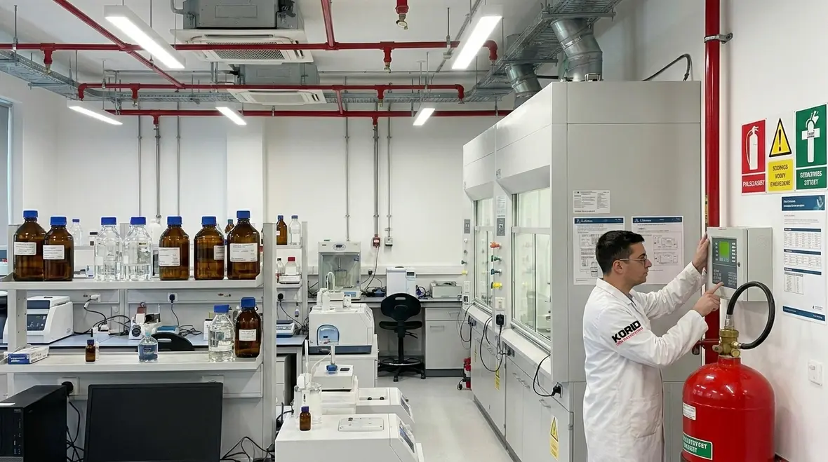 Lab fire suppression system protecting a research and clinical laboratory