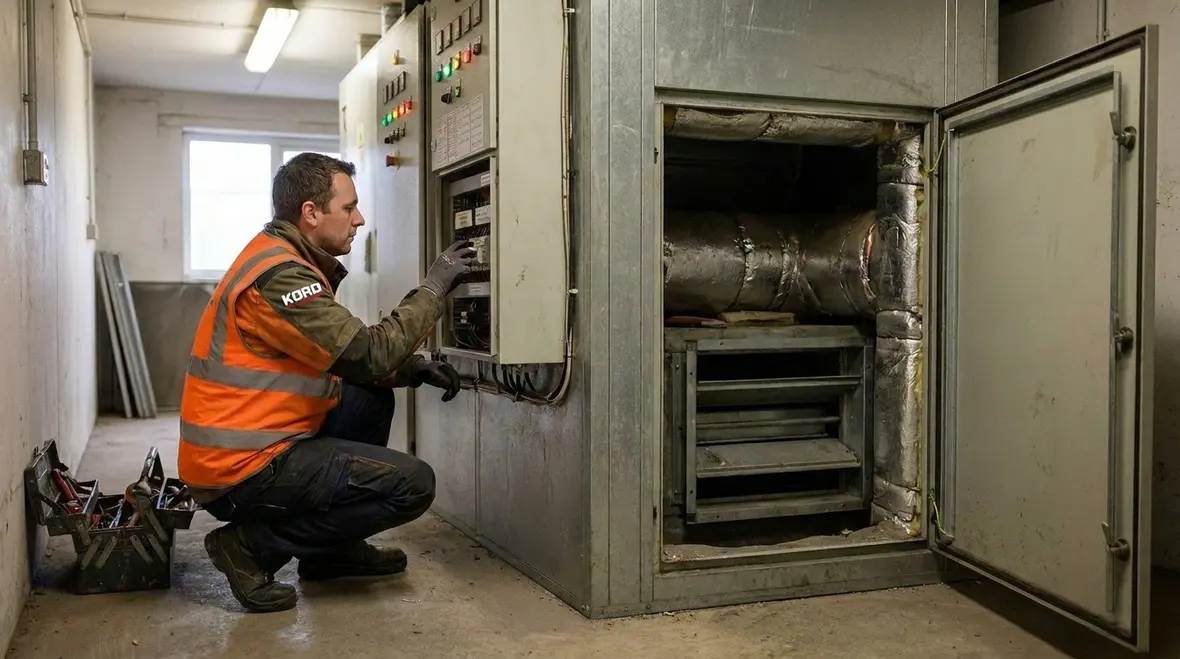 CO2 suppression nozzles and industrial equipment inside a machinery room