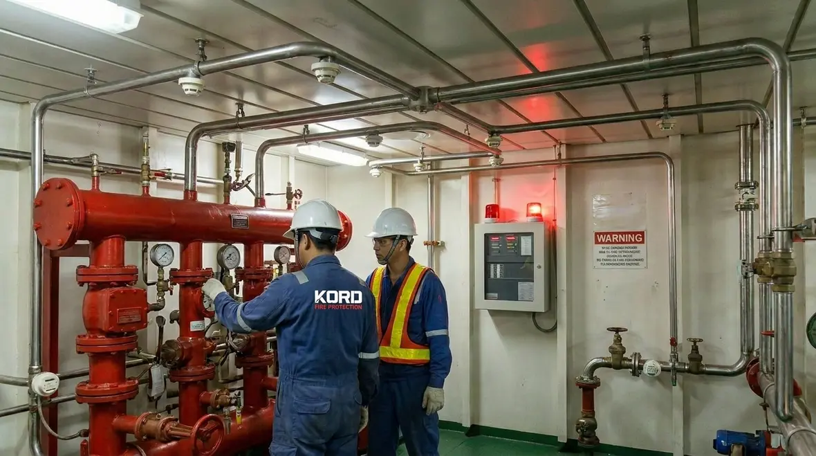 Technician reviewing machinery space CO2 suppression design layout