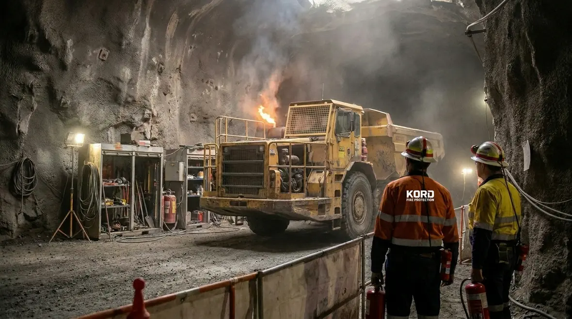 Mining equipment fire suppression components installed on heavy machinery
