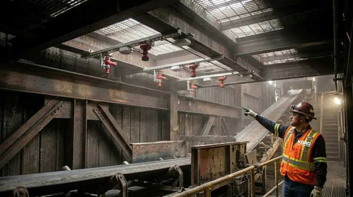 Mining equipment fire suppression system installed on heavy industrial machinery