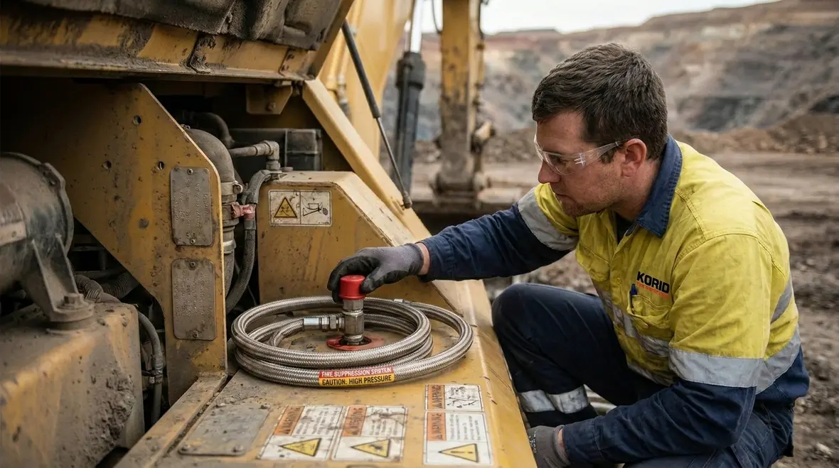 Heavy mining vehicle protected by automatic fire suppression system
