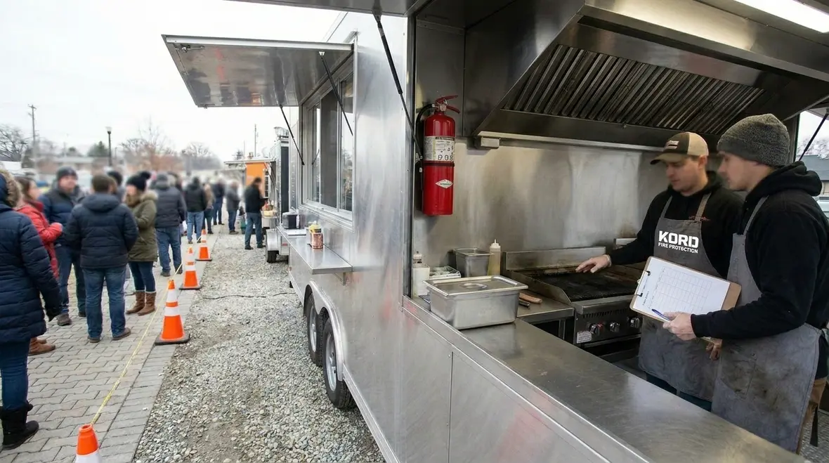 Technician reviewing mobile kitchen fire suppression design and compliance