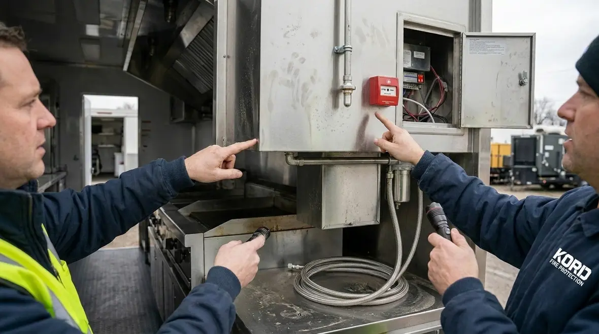 Mobile kitchen fire suppression system installed in a food truck