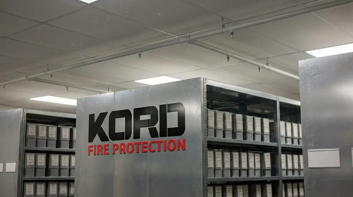 Archive room with clean agent suppression nozzles and protected collections