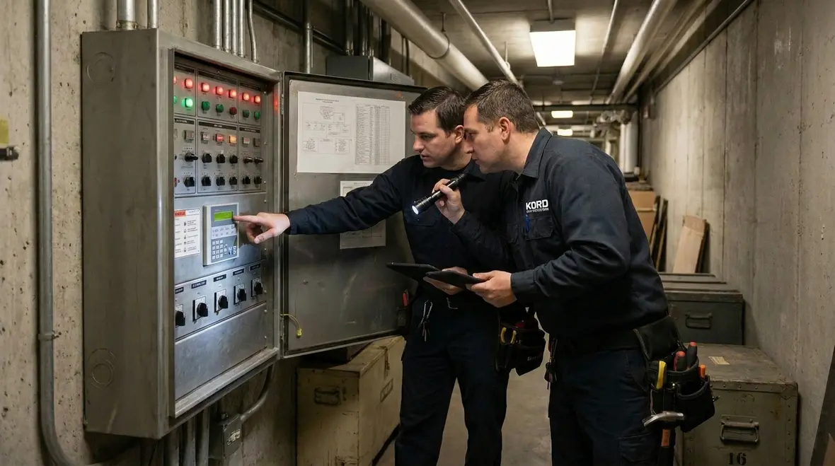 Technician supporting museum fire suppression system maintenance and inspection
