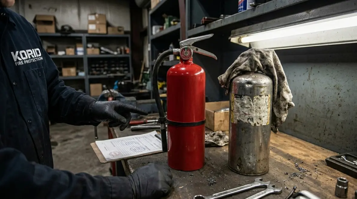 Fire extinguisher and alarm equipment inspection by a technician