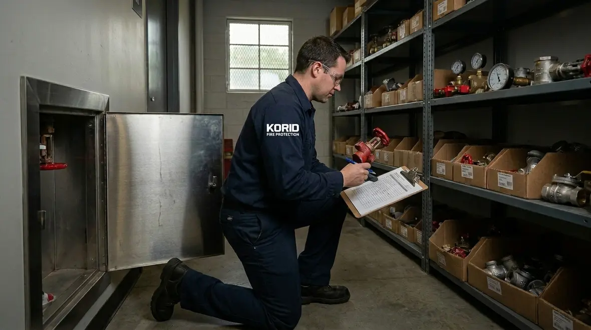 Technician reviewing fire protection parts and documentation