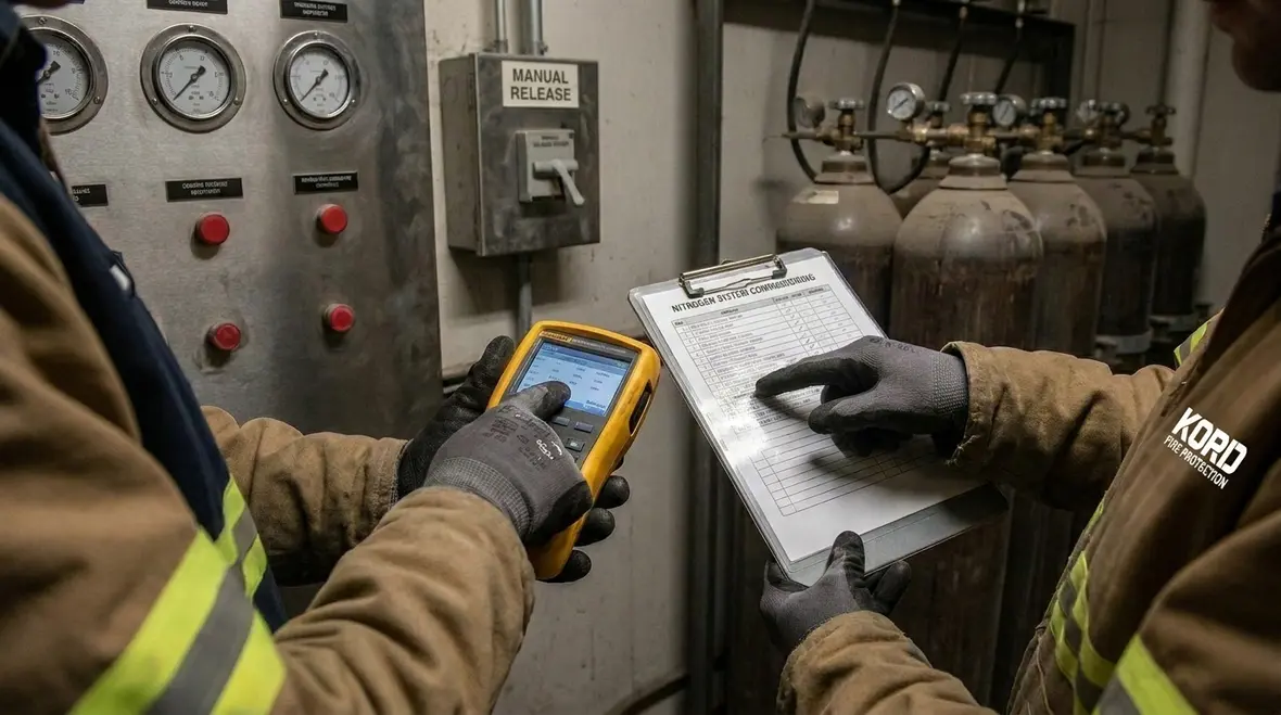 Technician servicing a nitrogen fire suppression system control and cylinder setup