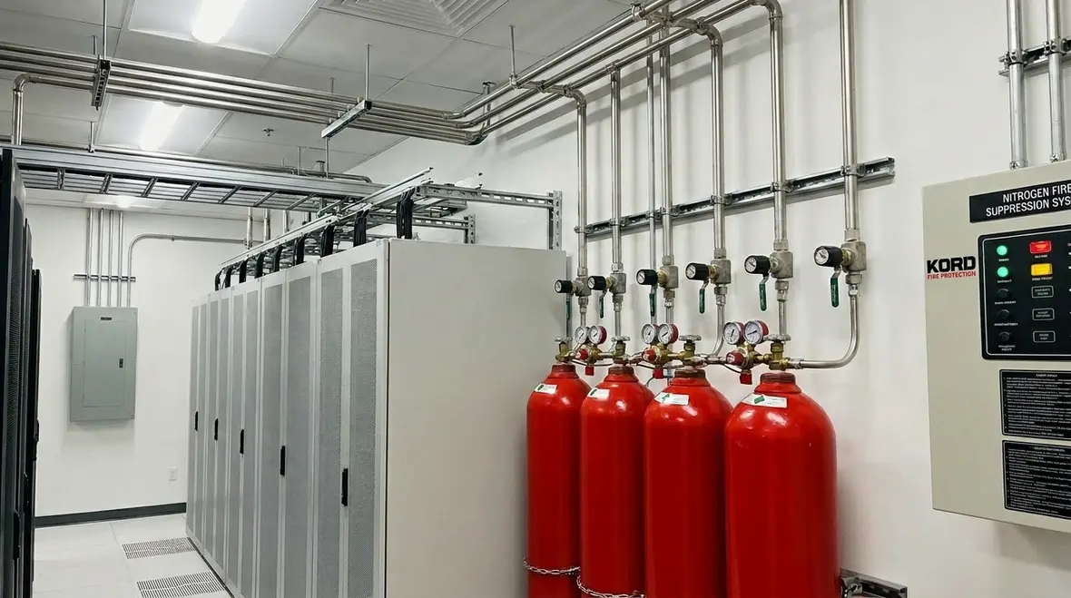 Nitrogen fire suppression system cylinders protecting a critical equipment room