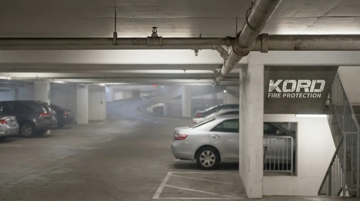 Parking garage fire suppression piping and sprinkler coverage inside a structure