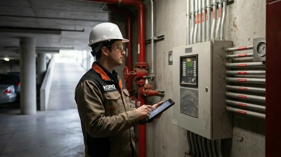 Technician reviewing parking garage fire suppression equipment and layout