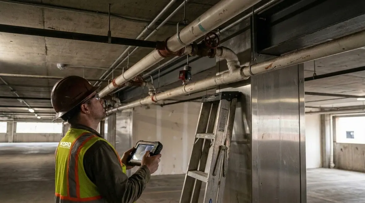 Modern parking garage fire suppression installation with protected zones