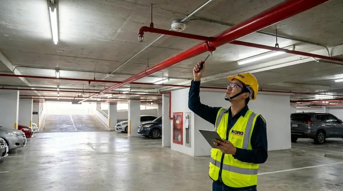 Parking garage fire suppression system protecting an enclosed structure