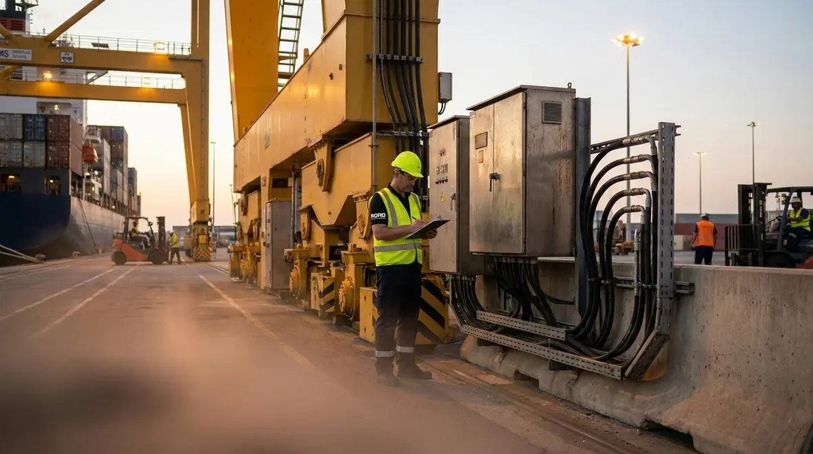 Fire suppression system coverage on port and terminal cargo handling equipment