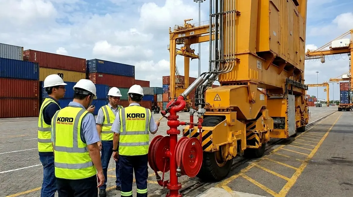 Port and terminal equipment fire suppression systems protecting heavy cargo machinery