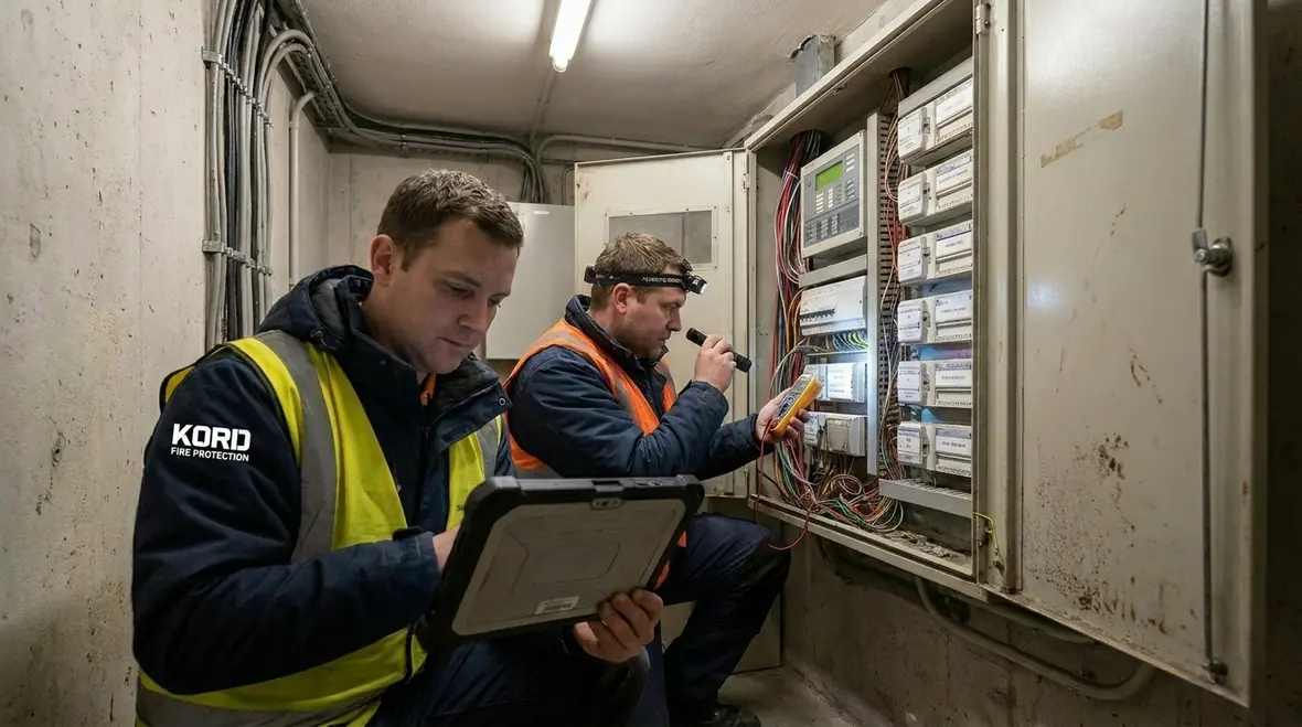 Fire alarm maintenance and detector cleaning in a commercial facility