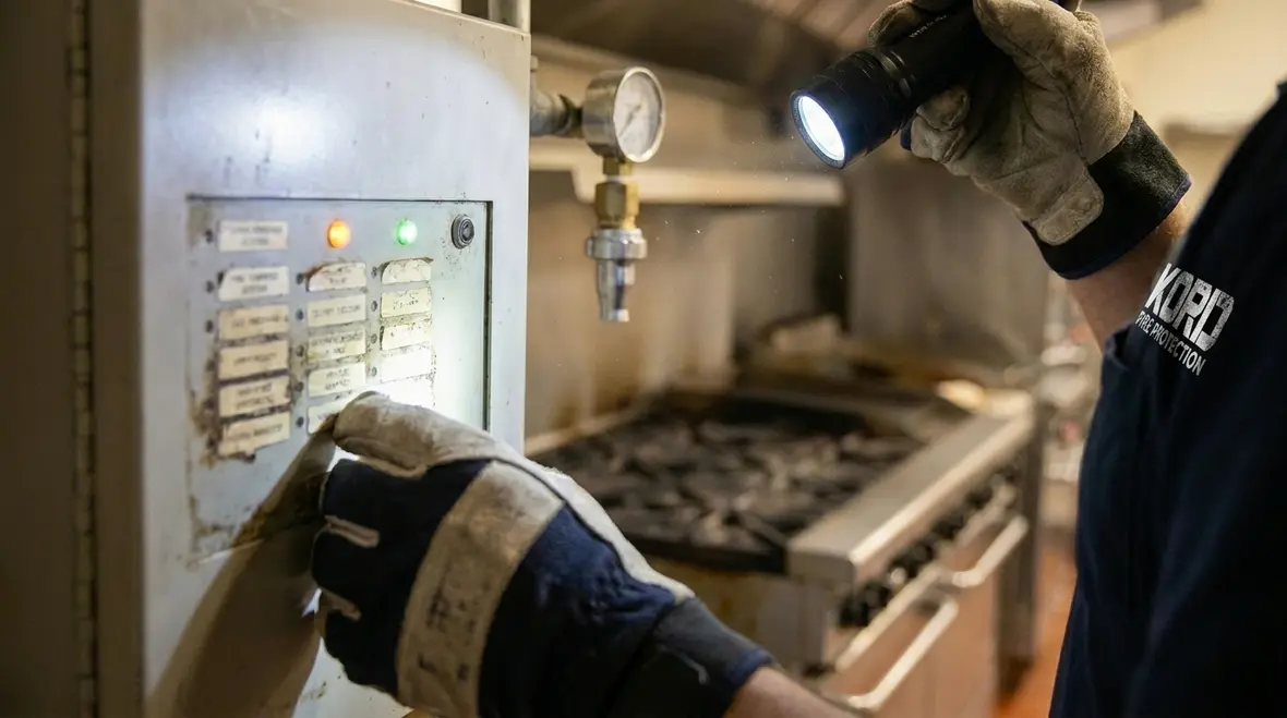 Restaurant kitchen suppression tank and controls during inspection