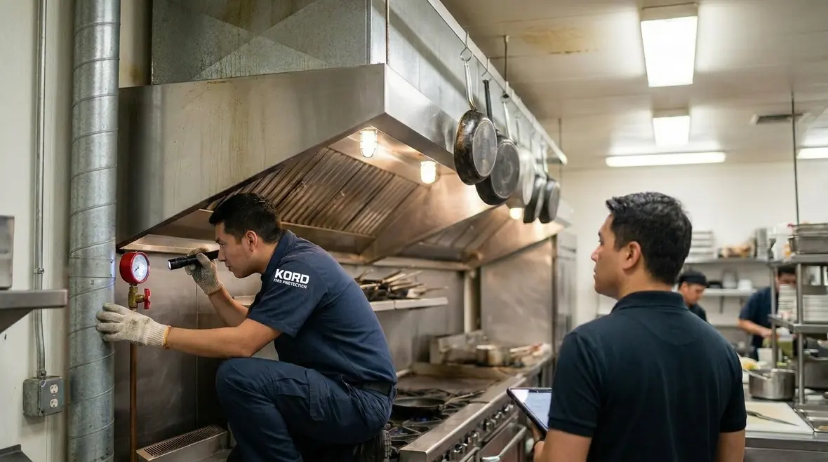 Technician inspecting a restaurant hood fire suppression system