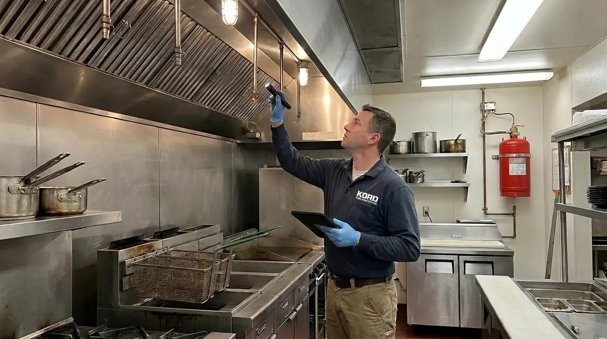 Restaurant fire suppression inspection schedule and compliance in a commercial kitchen