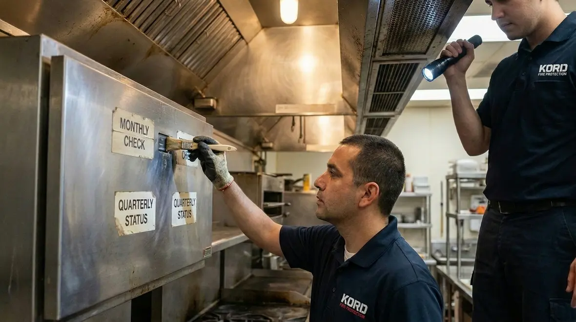 Annual restaurant hood and duct fire suppression inspection by technician