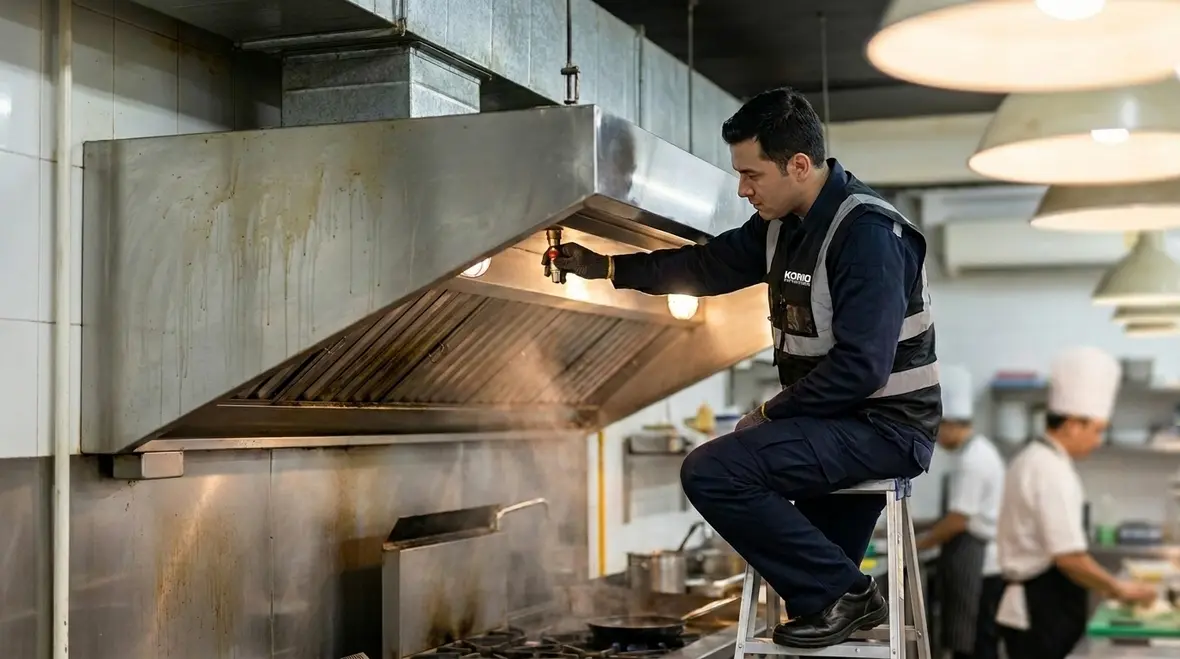 Technician servicing a restaurant fire suppression system in a commercial kitchen