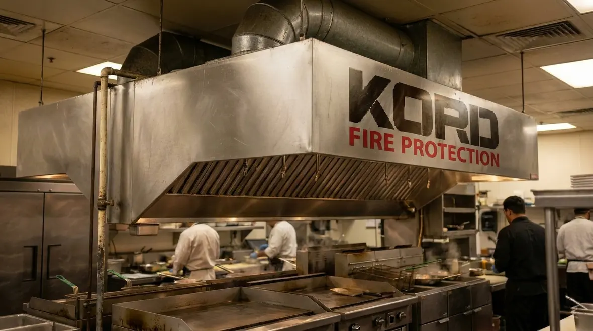 Technician inspecting a restaurant hood fire suppression system in a commercial kitchen