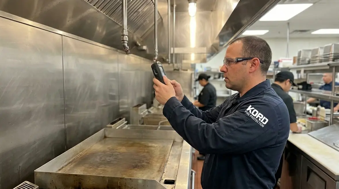 Restaurant hood fire suppression system protecting a busy commercial kitchen line
